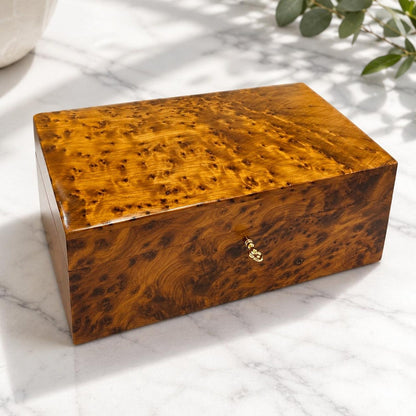 Large Thuya Wood Jewelry Box with Key – 26cm Lockable Valet & Watch Storage – Minimalist Burl Wood Keepsake – Luxury Gift