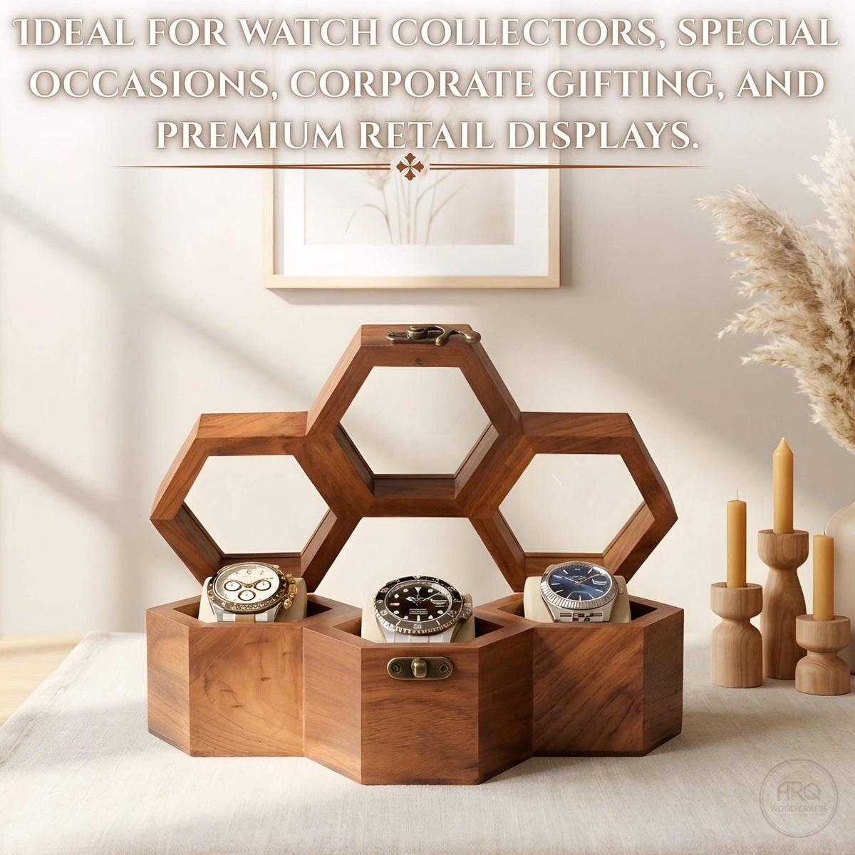 Wooden Watch Box, Rosewood Display Case, Honeycomb Design, Handmade Jewelry Storage