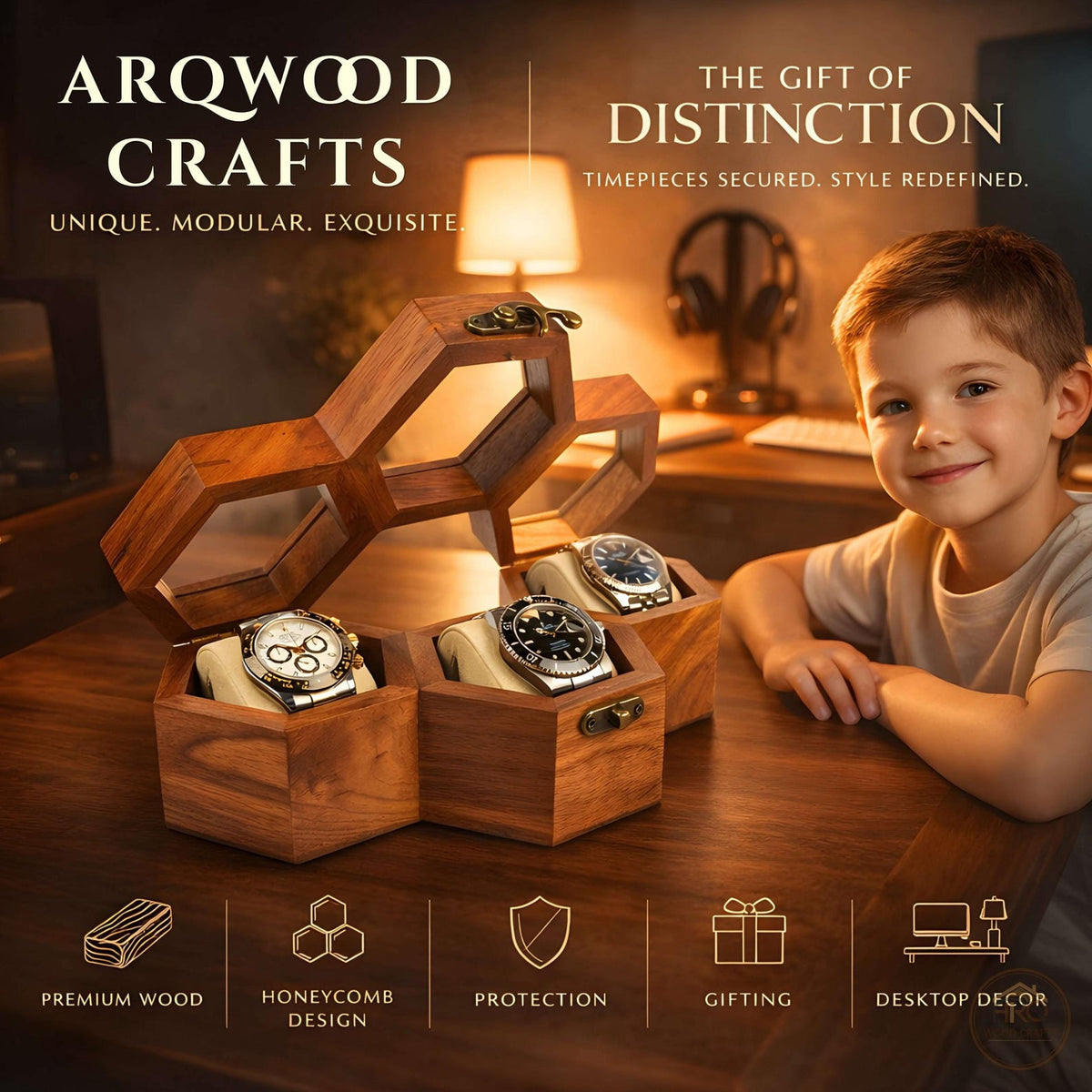 Wooden Watch Box, Rosewood Display Case, Honeycomb Design, Handmade Jewelry Storage