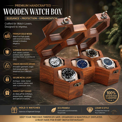 Wooden Watch Box, Rosewood Display Case, Honeycomb Design, Handmade Jewelry Storage
