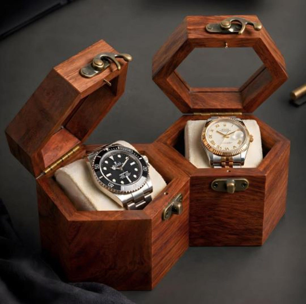 Handcrafted Indian Rosewood Honeycomb Watch Box, Glass Lid Display Case