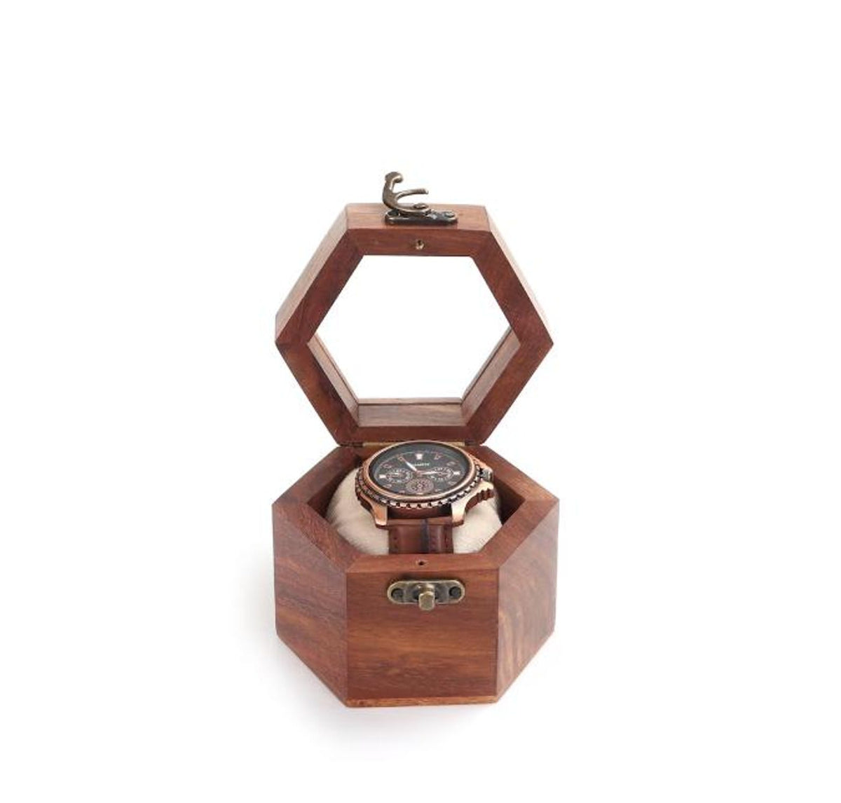 Handcrafted Indian Rosewood Honeycomb Watch Box, Glass Lid Display Case