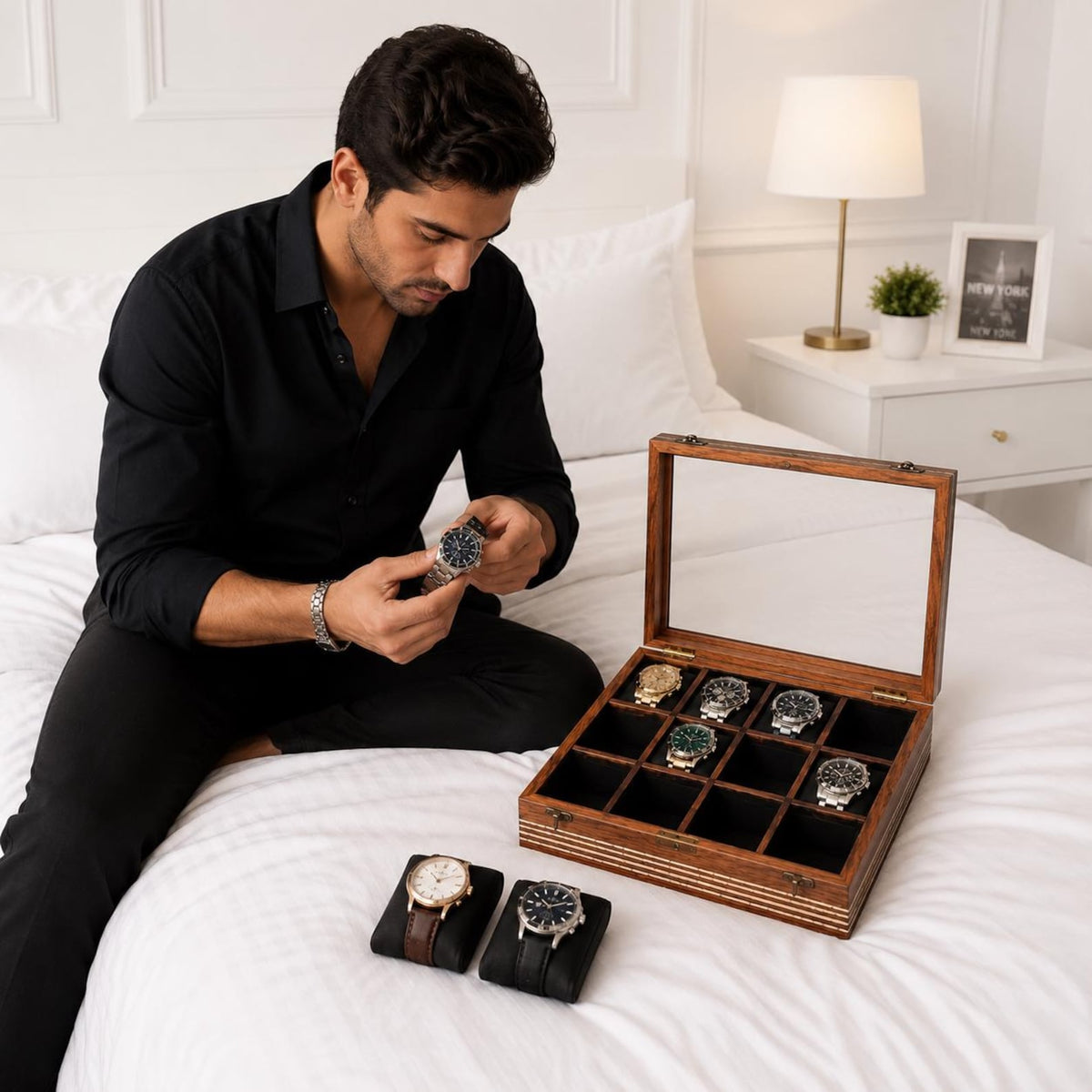 Personalized Wooden Watch Box, 2-12 Slot Watch Organizer, Rosewood Watch Display Case, Glass Lid, Luxury Storage Box, birthday Gift for Men