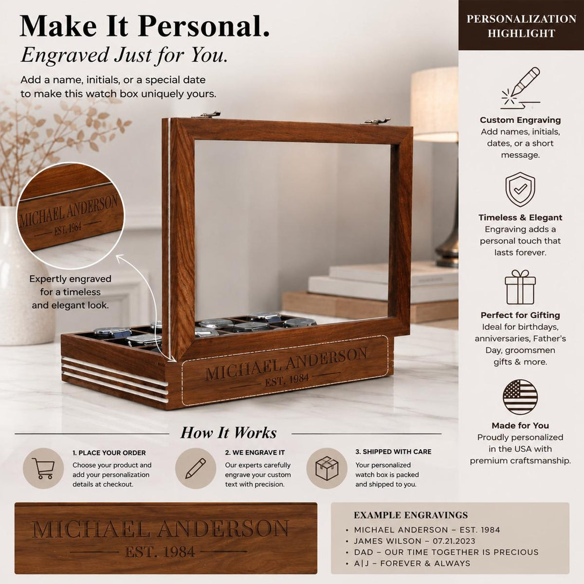 Personalized Wooden Watch Box, 2-12 Slot Watch Organizer, Rosewood Watch Display Case, Glass Lid, Luxury Storage Box, birthday Gift for Men