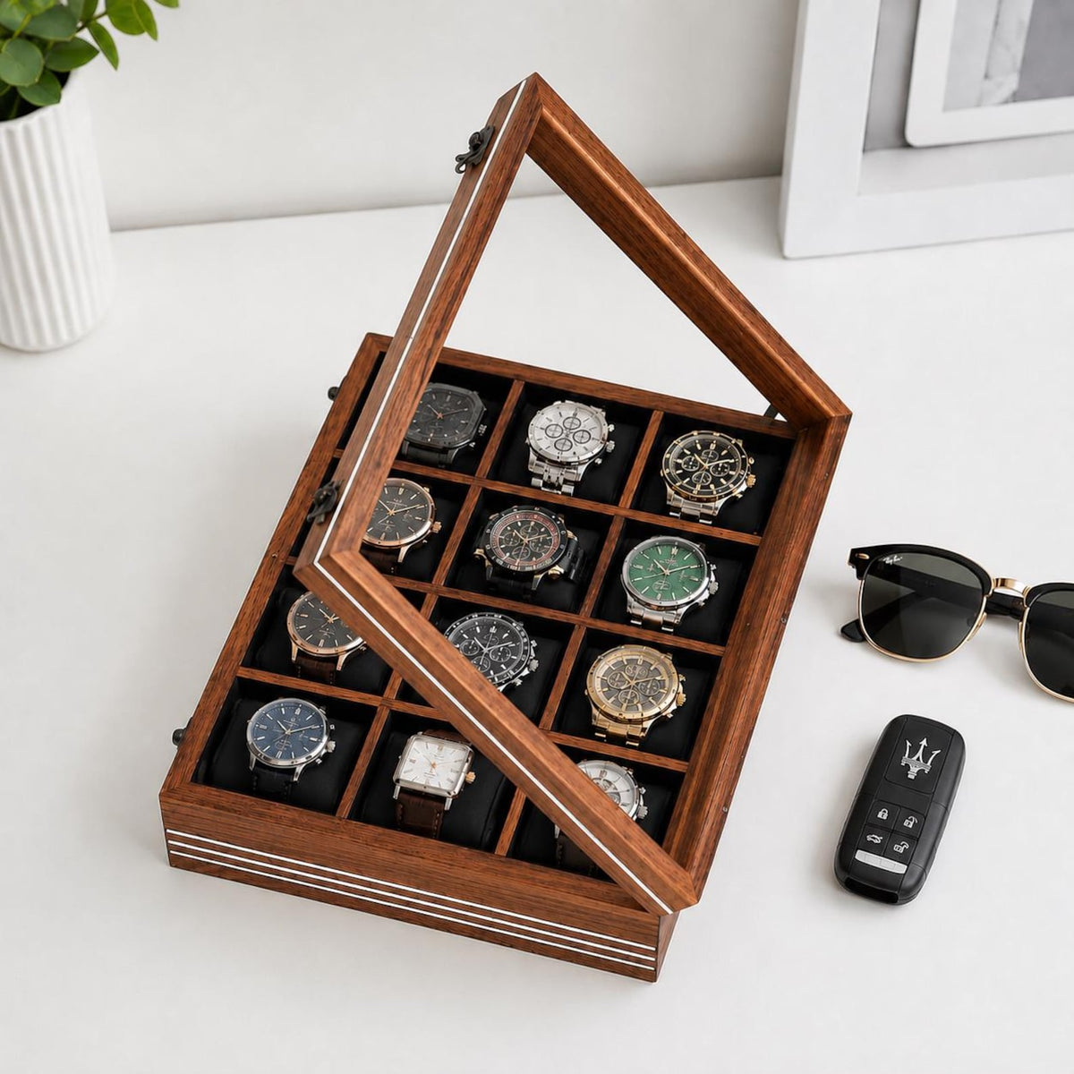 Personalized Wooden Watch Box, 2-12 Slot Watch Organizer, Rosewood Watch Display Case, Glass Lid, Luxury Storage Box, birthday Gift for Men