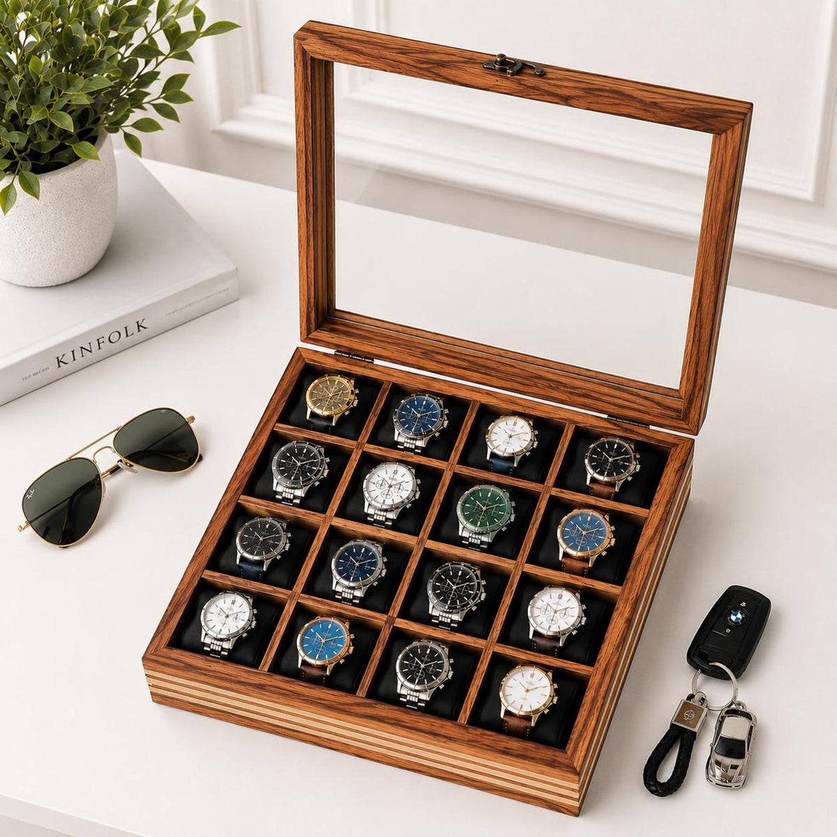 Personalized Wooden Watch Box, 2-12 Slot Watch Organizer, Rosewood Watch Display Case, Glass Lid, Luxury Storage Box, birthday Gift for Men