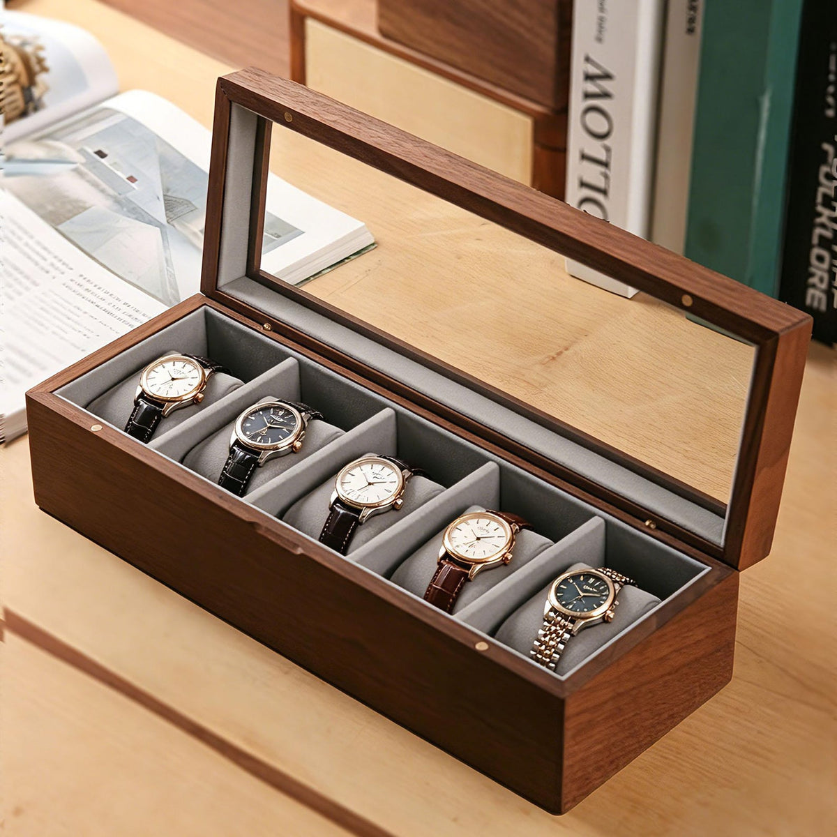 Engraved Wide Wood Watch Box - Walnut 2,3,5 Slots Watches Collection Organizer Anniversary Wedding Gift Groom Husband Father