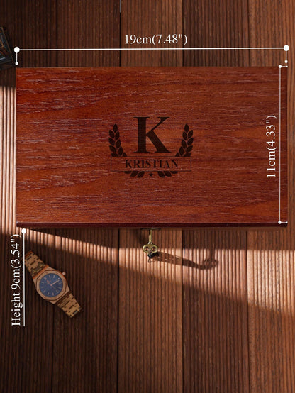 Personalized 6-Slot Wooden Watch Box with Lock & Key, Laser Engraved Watch Case, Rectangle or Square Organizer for Men