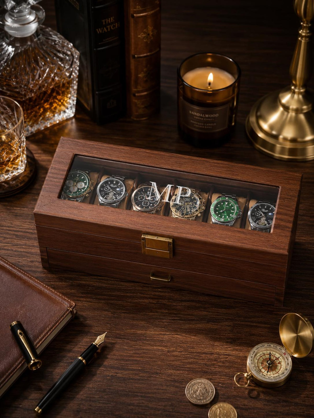 Personalized Wooden Watch Box, Custom Engraved Glass Top Watch Case, Watch Organizer for Men, Gift for Husband, Anniversary Gift, Groom Gift
