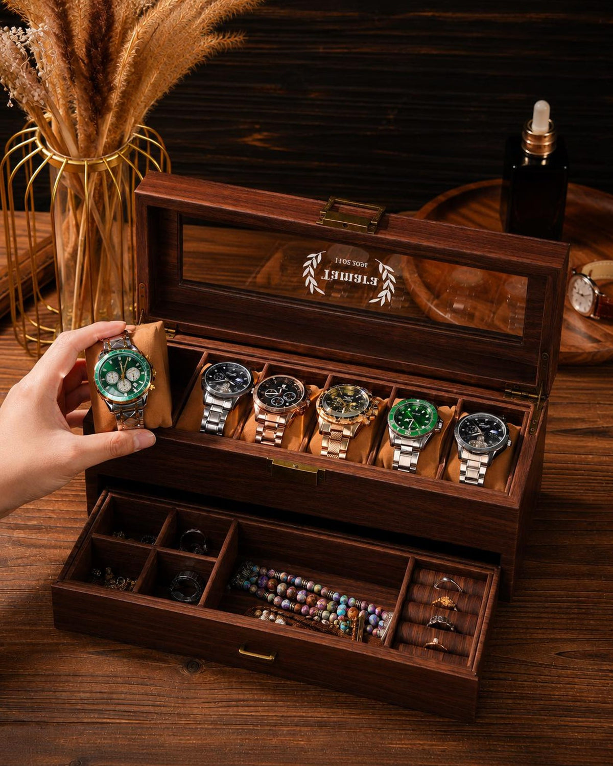 Personalized Watch Box for Men, Engraved Watch & Jewelry Organizer, Double Layer Watch Case with Drawer, Gift for Husband, Anniversary Gift