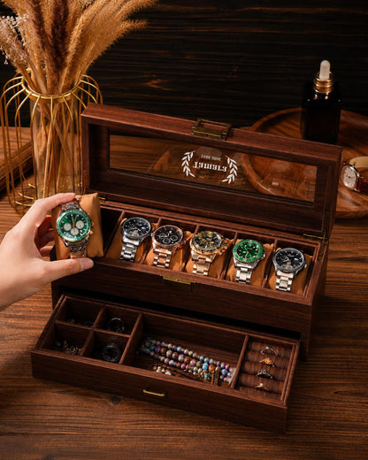 Personalized Watch Box for Men, Engraved Watch & Jewelry Organizer, Double Layer Watch Case with Drawer, Gift for Husband, Anniversary Gift
