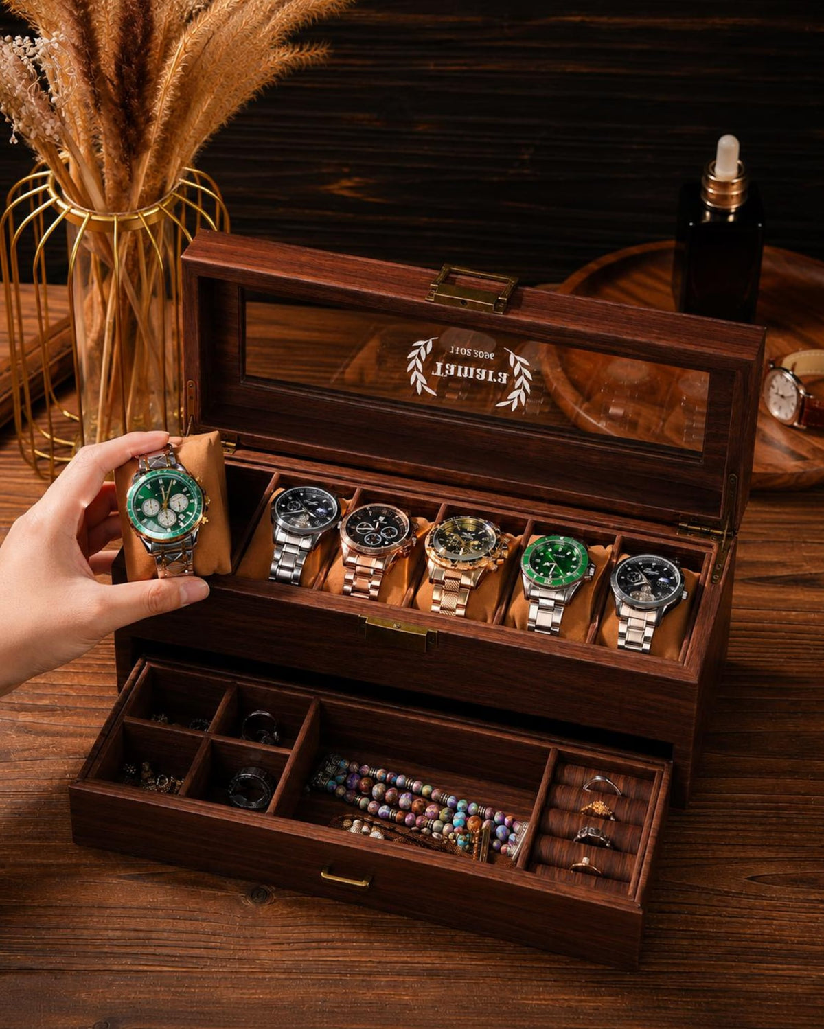 Personalized Wooden Watch Box, Custom Engraved Glass Top Watch Case, Watch Organizer for Men, Gift for Husband, Anniversary Gift, Groom Gift