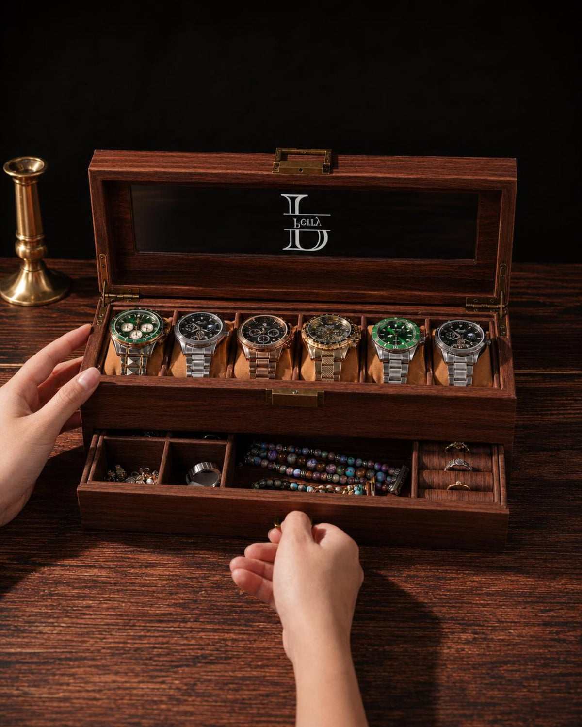 Personalized Watch Box for Men, Engraved Watch & Jewelry Organizer, Double Layer Watch Case with Drawer, Gift for Husband, Anniversary Gift