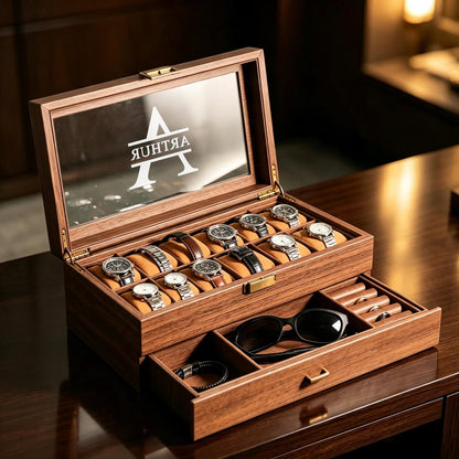 Personalized Wooden Watch Box with Drawer,Custom Engraved Watch Storage Case for Men, Watch Display Organizer Gift for Dad Husband Groomsmen