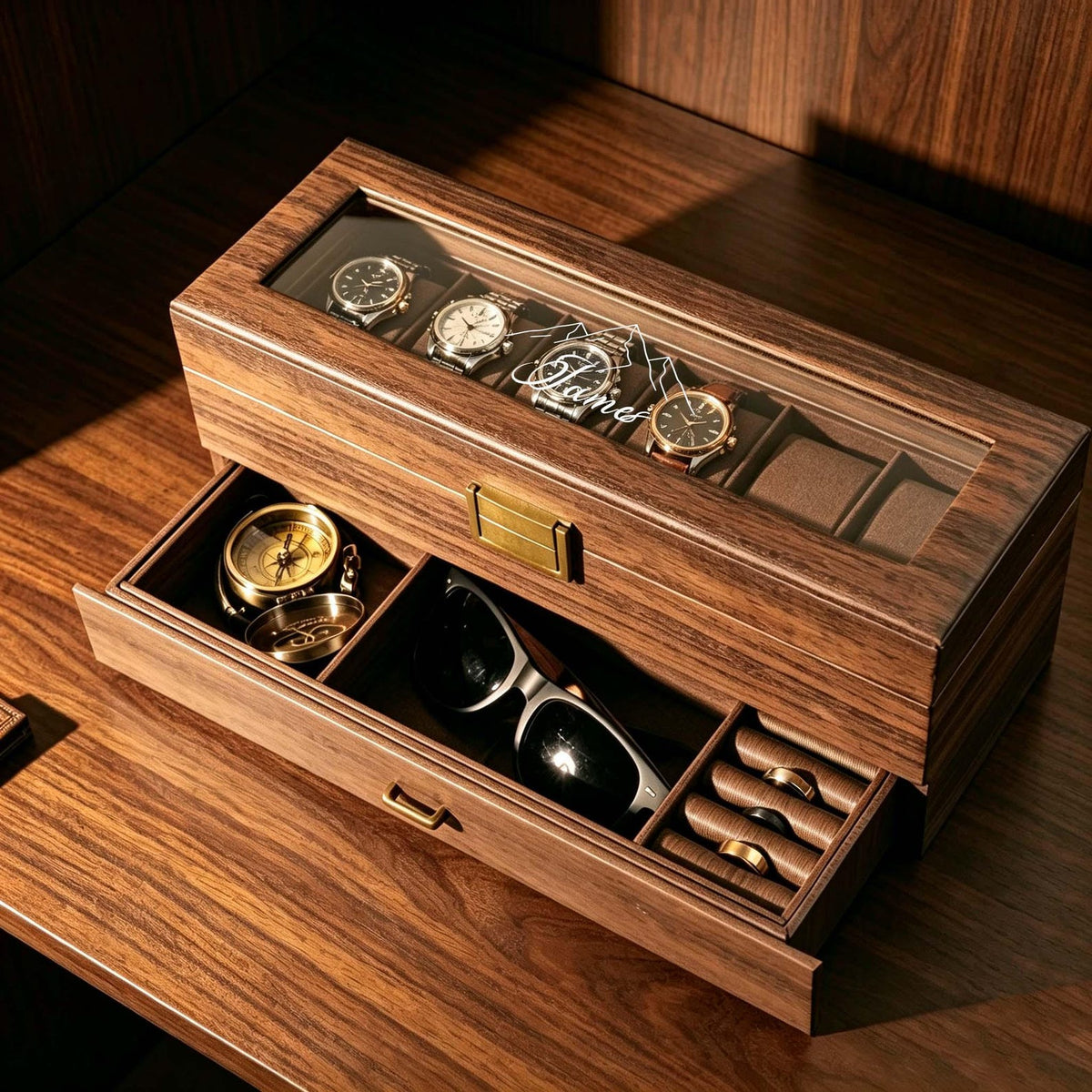 Custom Engraved Watch Box – Double Layer Jewelry Organizer, Vintage Style Storage ,Gift For Him