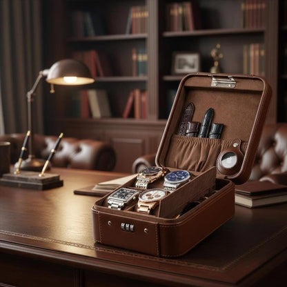 Leather Watch Box with Lock, AirTag Holder & Multi-Slot Storage Organizer