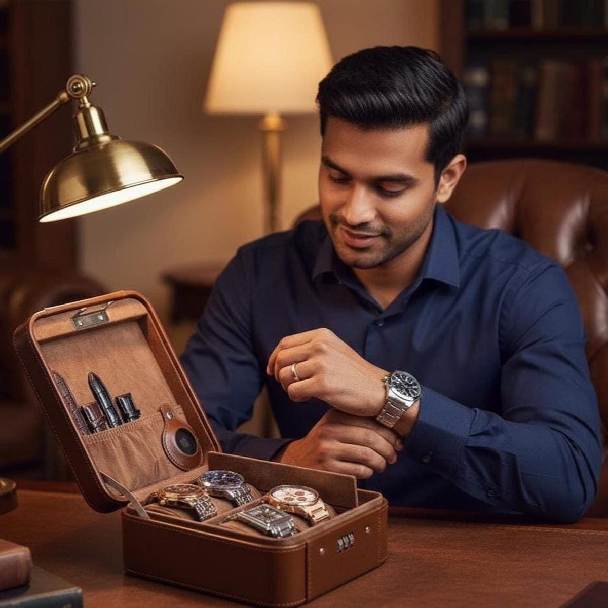 Leather Watch Box with Lock, AirTag Holder & Multi-Slot Storage Organizer