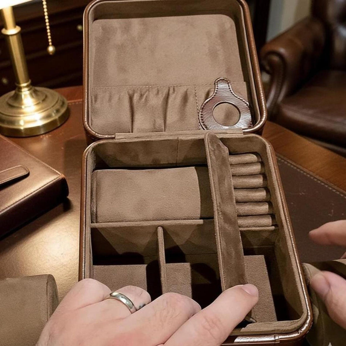 Leather Watch Box with Lock, AirTag Holder & Multi-Slot Storage Organizer