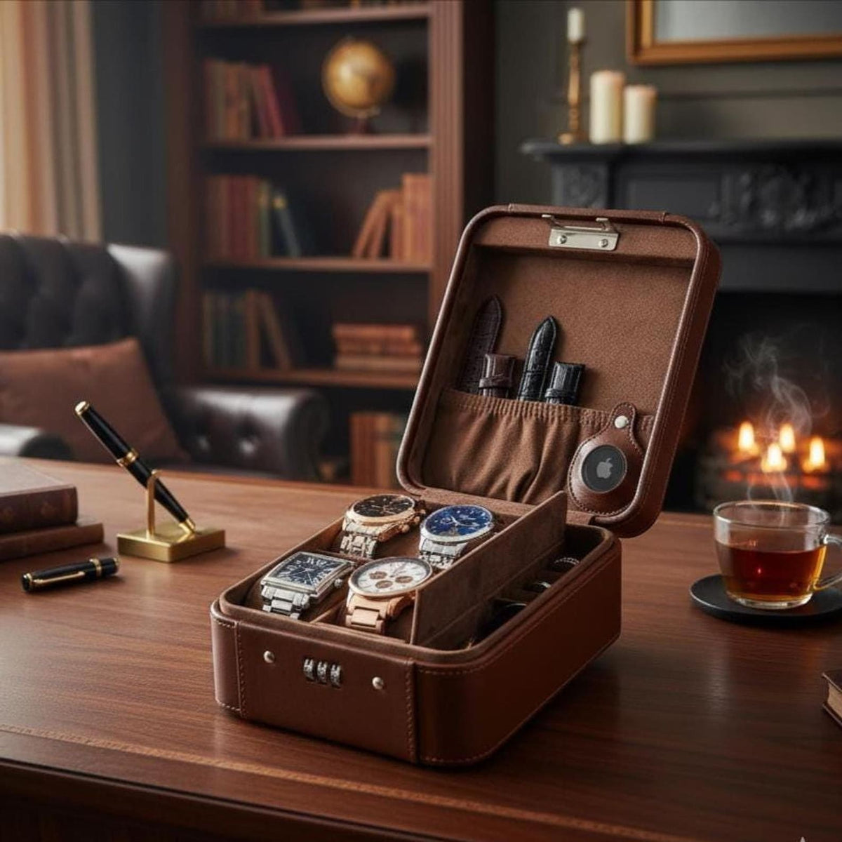 Leather Watch Box with Lock, AirTag Holder & Multi-Slot Storage Organizer