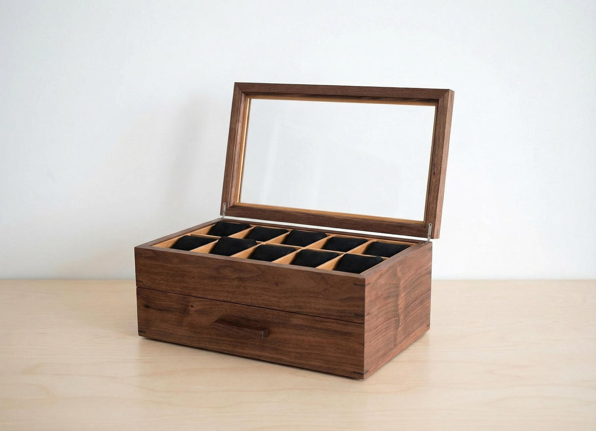 Watch Box with Drawer with 20 pockets-Dark walnut-Handmade