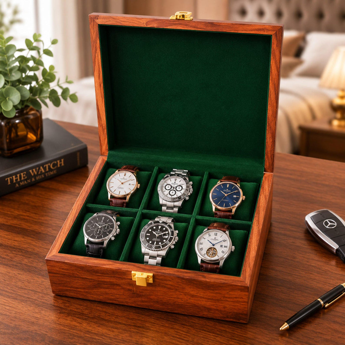 Personalized Solid Wood Watch Box, 6 Slot Engraved Watch Organizer, Gift for Him