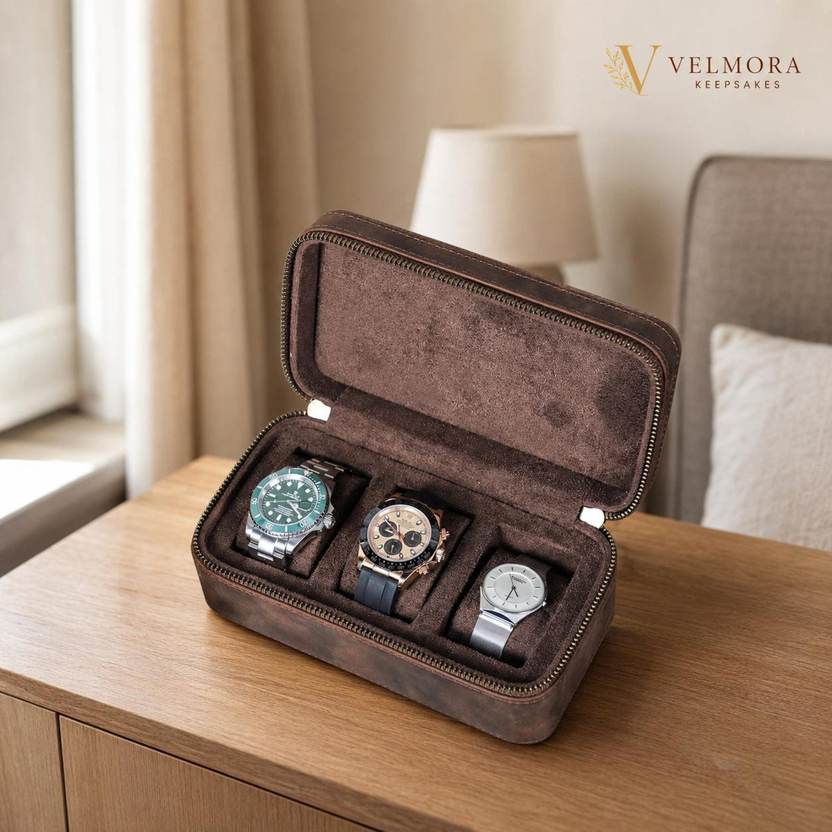 Personalized Genuine Leather Watch Case, Engraved Travel Organizer, 3 Slot Jewelry Holder, Anniversary Gift for Husband