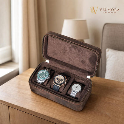 Personalized Genuine Leather Watch Case, Engraved Travel Organizer, 3 Slot Jewelry Holder, Anniversary Gift for Husband