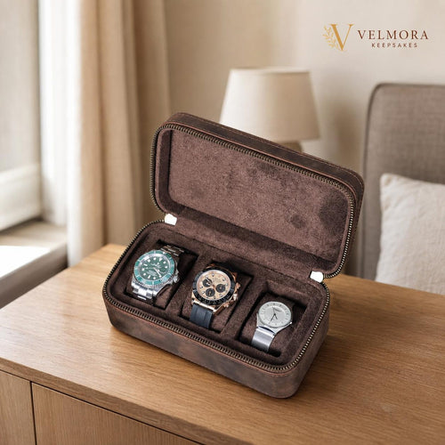 Personalized Genuine Leather Watch Case, Engraved Travel Organizer, 3 Slot Jewelry Holder, Anniversary Gift for Husband
