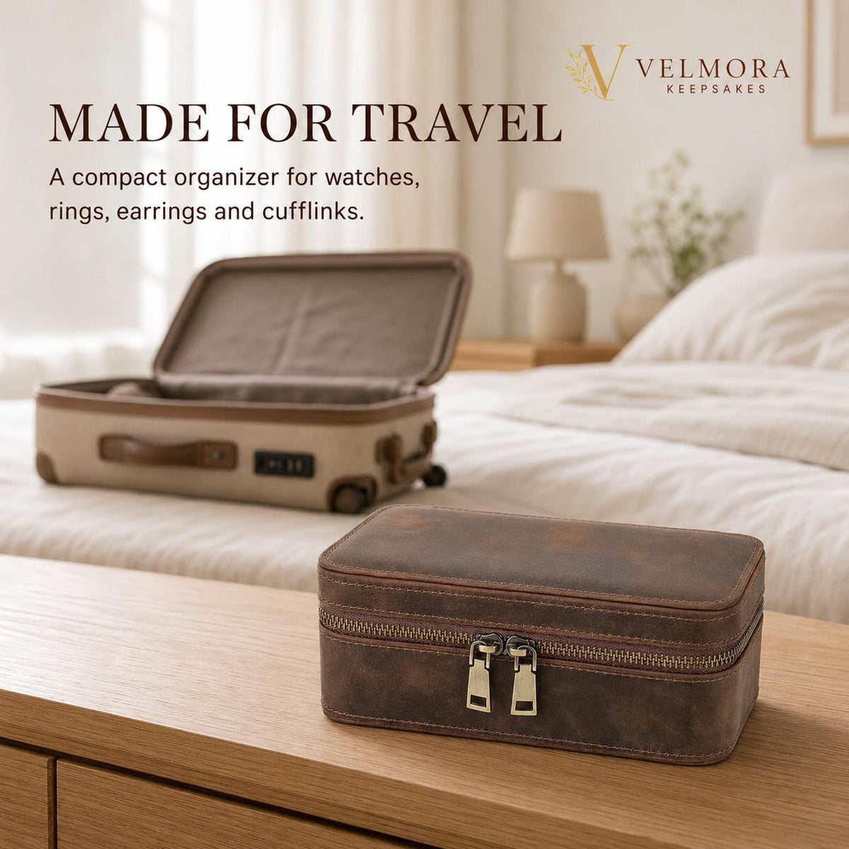 Personalized Genuine Leather Watch Case, Engraved Travel Organizer, 3 Slot Jewelry Holder, Anniversary Gift for Husband