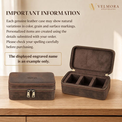 Personalized Genuine Leather Watch Case, Engraved Travel Organizer, 3 Slot Jewelry Holder, Anniversary Gift for Husband