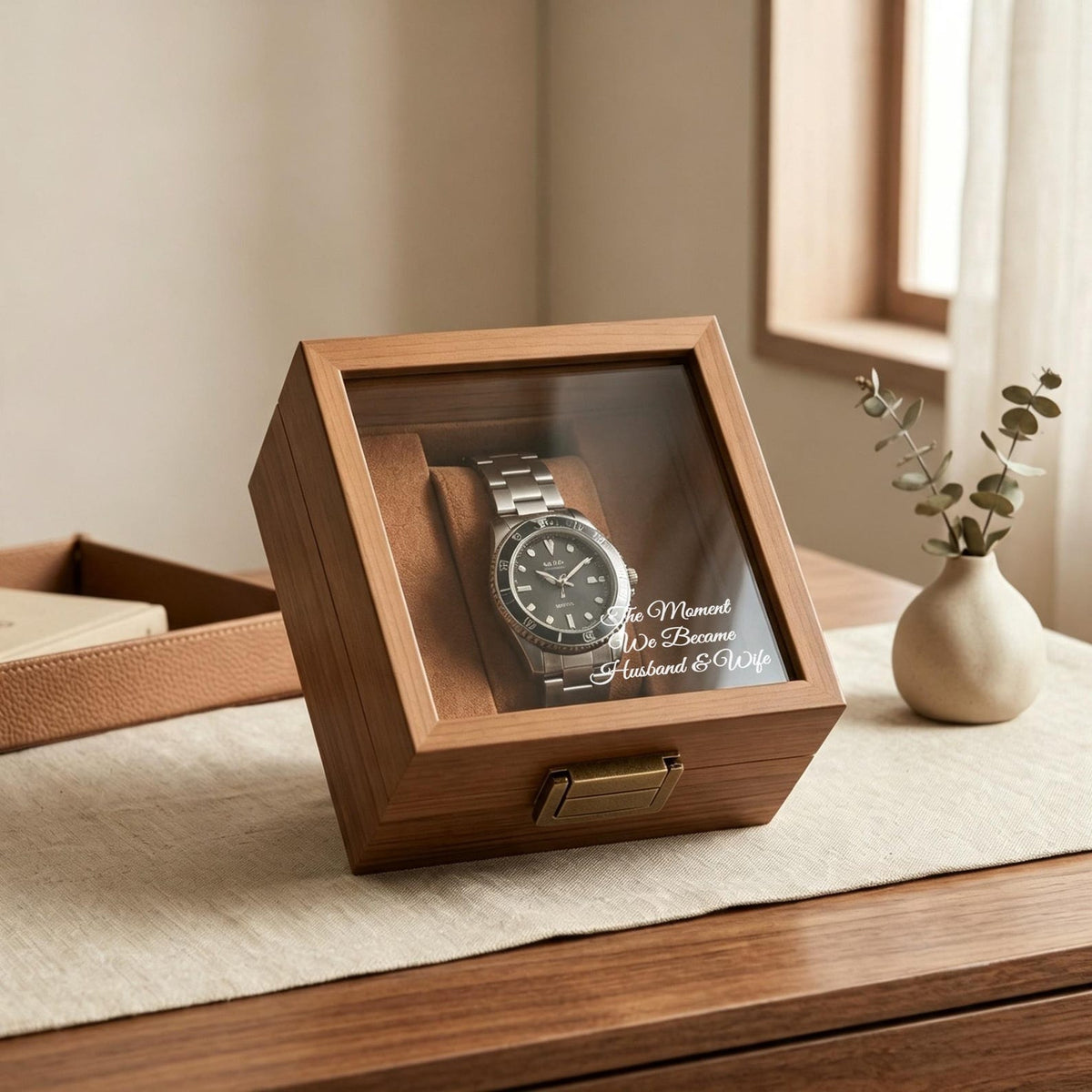 Custom Engraved Wooden Watch Box | Personalized Glass Lid Single Slot | Handwriting Engraving | Anniversary Birthday Gift for Husband