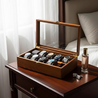 Wooden Watch Box 10 Slot Watch Organizer Case, Glass Display Watch Storage Box, Men's & Women's Watch Holder, Gift for Watch Lover