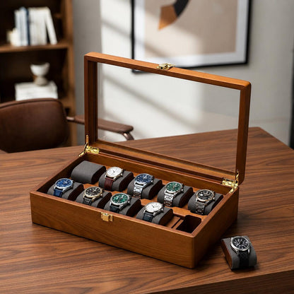 Wooden Watch Box 10 Slot Watch Organizer Case, Glass Display Watch Storage Box, Men's & Women's Watch Holder, Gift for Watch Lover