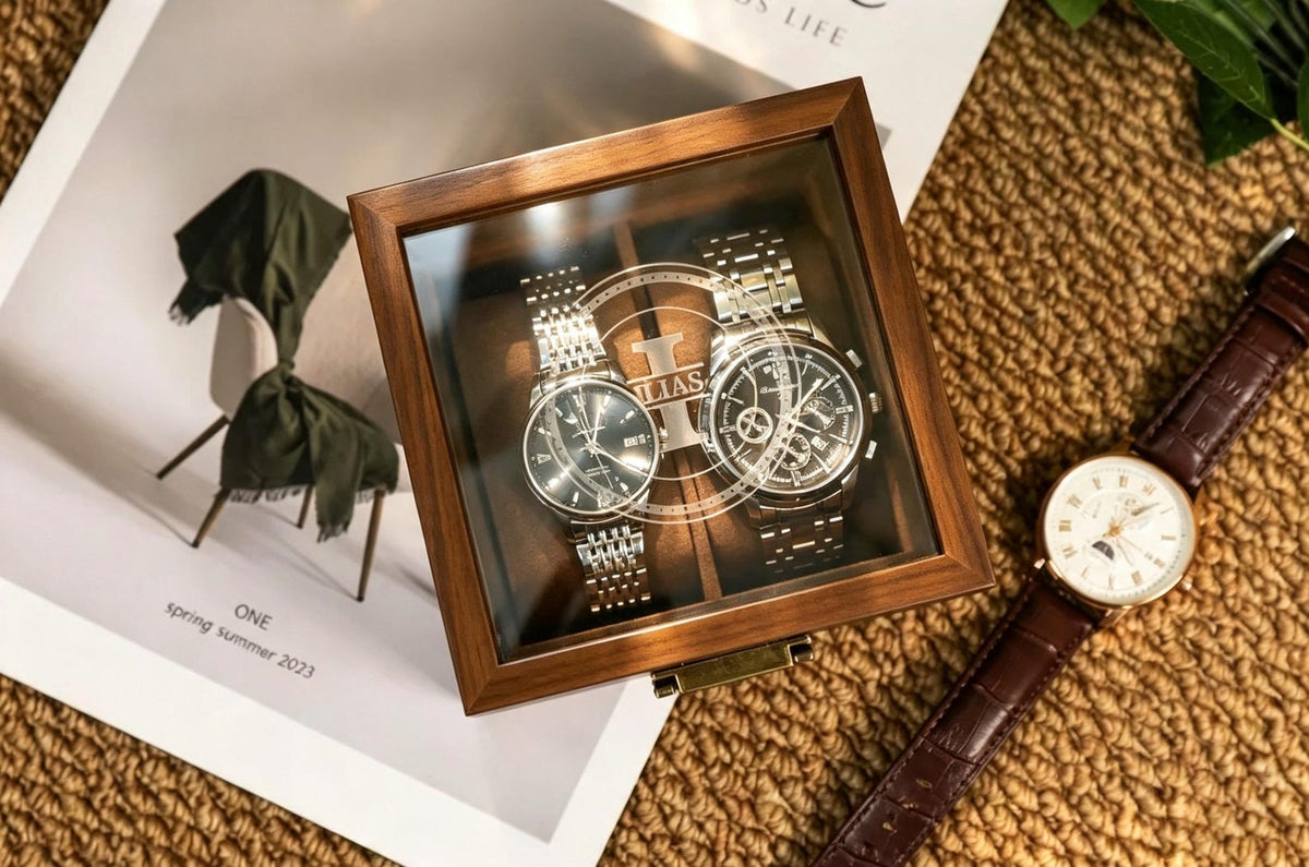 Personalized Handmade Wooden Watch Box with Double-Slot, Watch Display Case, Watch Storage Organizer - Teakwood, Fathers Day Gift, Mans Gift