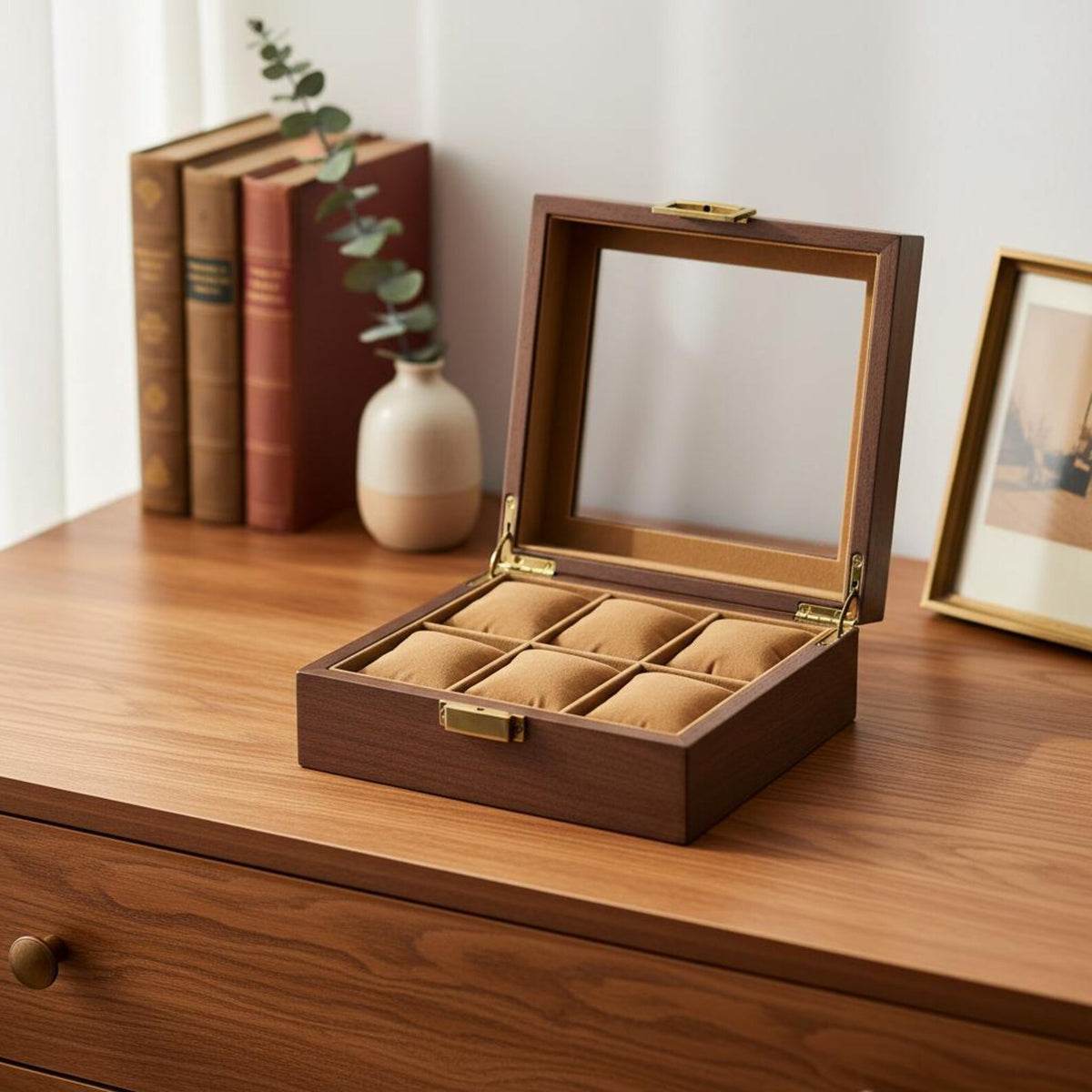 Luxury Wooden Watch Organizer, 6 Slot Display Case with Glass Lid Vintage Watch Storage Box, Mens Jewelry Valet Premium Watch Collector Gift