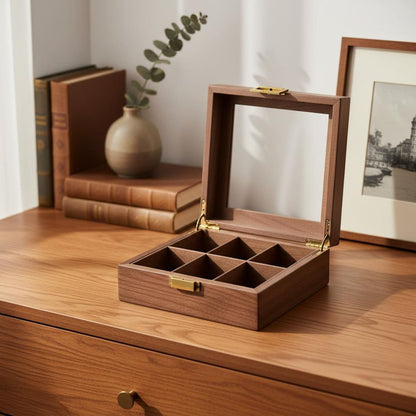 Luxury Wooden Watch Organizer, 6 Slot Display Case with Glass Lid Vintage Watch Storage Box, Mens Jewelry Valet Premium Watch Collector Gift