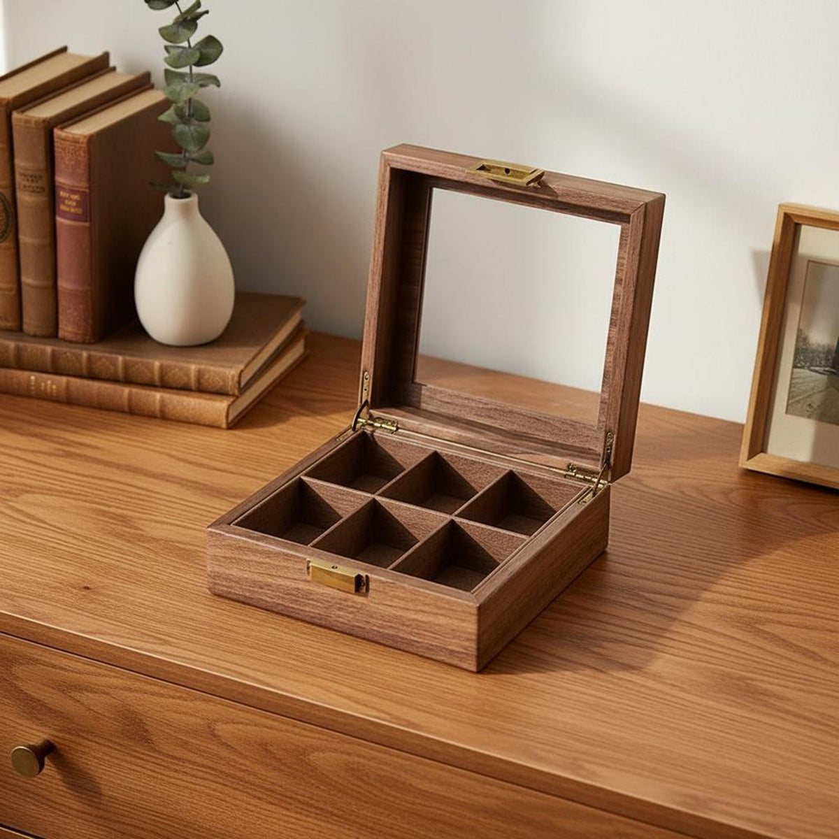 Luxury Wooden Watch Organizer, 6 Slot Display Case with Glass Lid Vintage Watch Storage Box, Mens Jewelry Valet Premium Watch Collector Gift