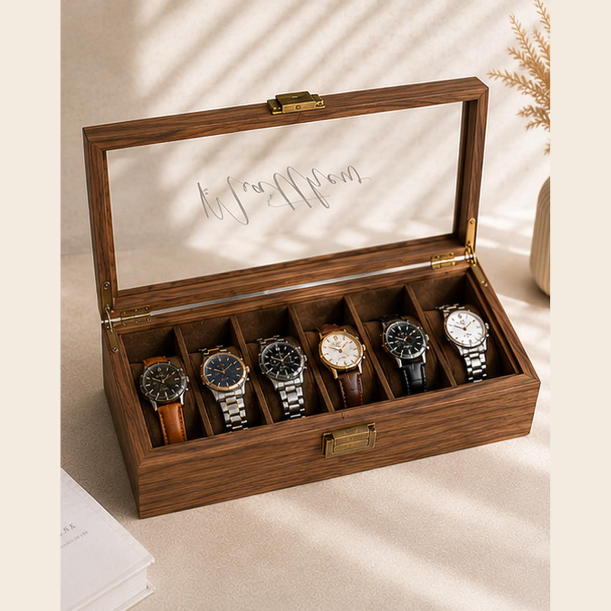 Personalised Wooden Watch Box for Men, Engraved Glass Lid Watch Case, Walnut Watch Storage Box, Gift for Him, Dad, Husband