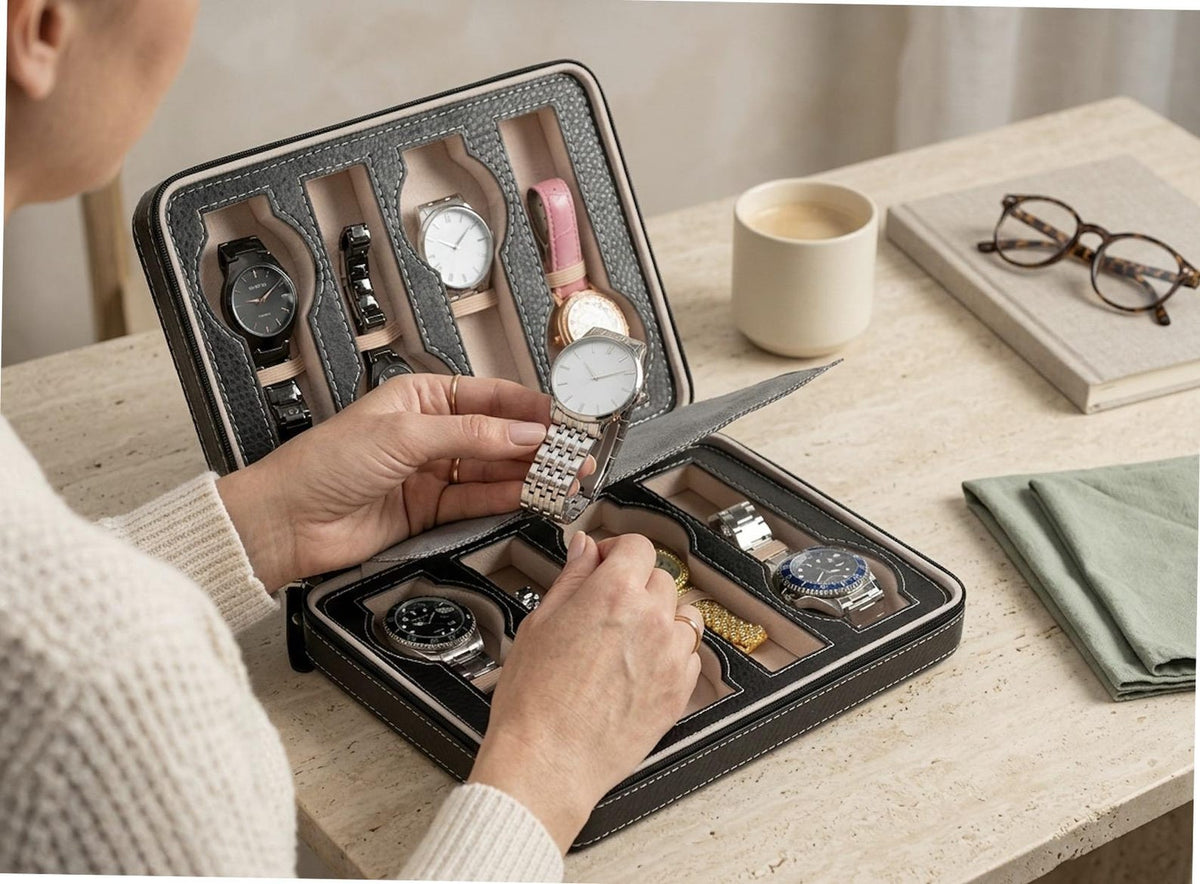 Leather Watch Box, Multi Slot Organizer, Travel Timepiece Holder, Zip Storage Case, Luxury Watch Display, Men Accessory