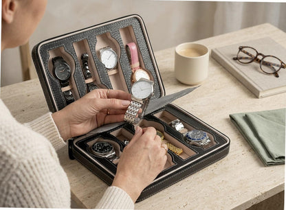 Leather Watch Box, Multi Slot Organizer, Travel Timepiece Holder, Zip Storage Case, Luxury Watch Display, Men Accessory