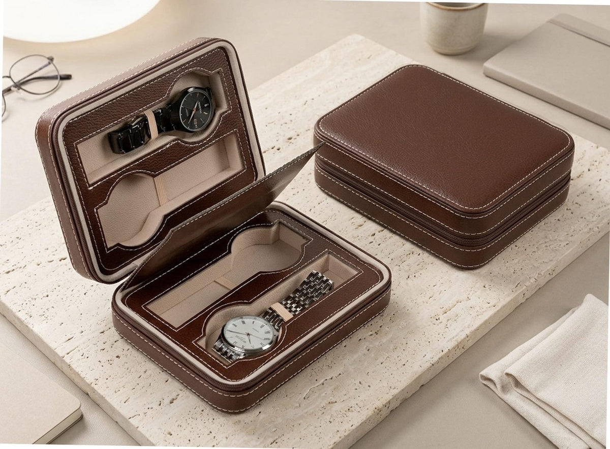 Leather Watch Box, Multi Slot Organizer, Travel Timepiece Holder, Zip Storage Case, Luxury Watch Display, Men Accessory