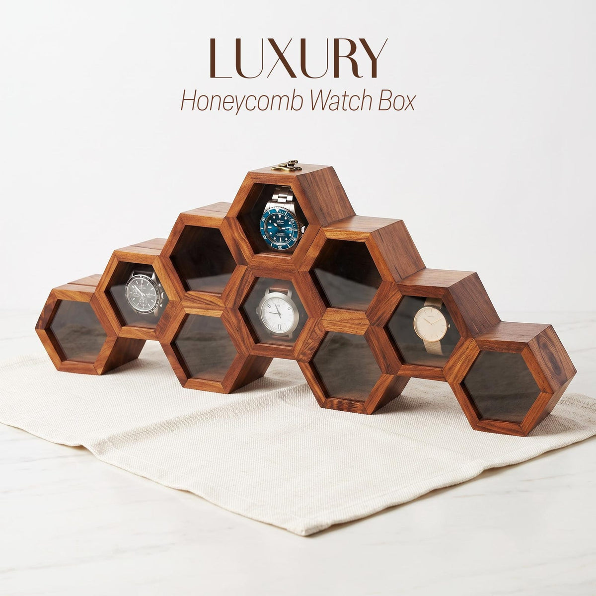 Wooden Watch Box, Honeycomb Display Case, Glass Lid Organizer, Rosewood - Gift for him
