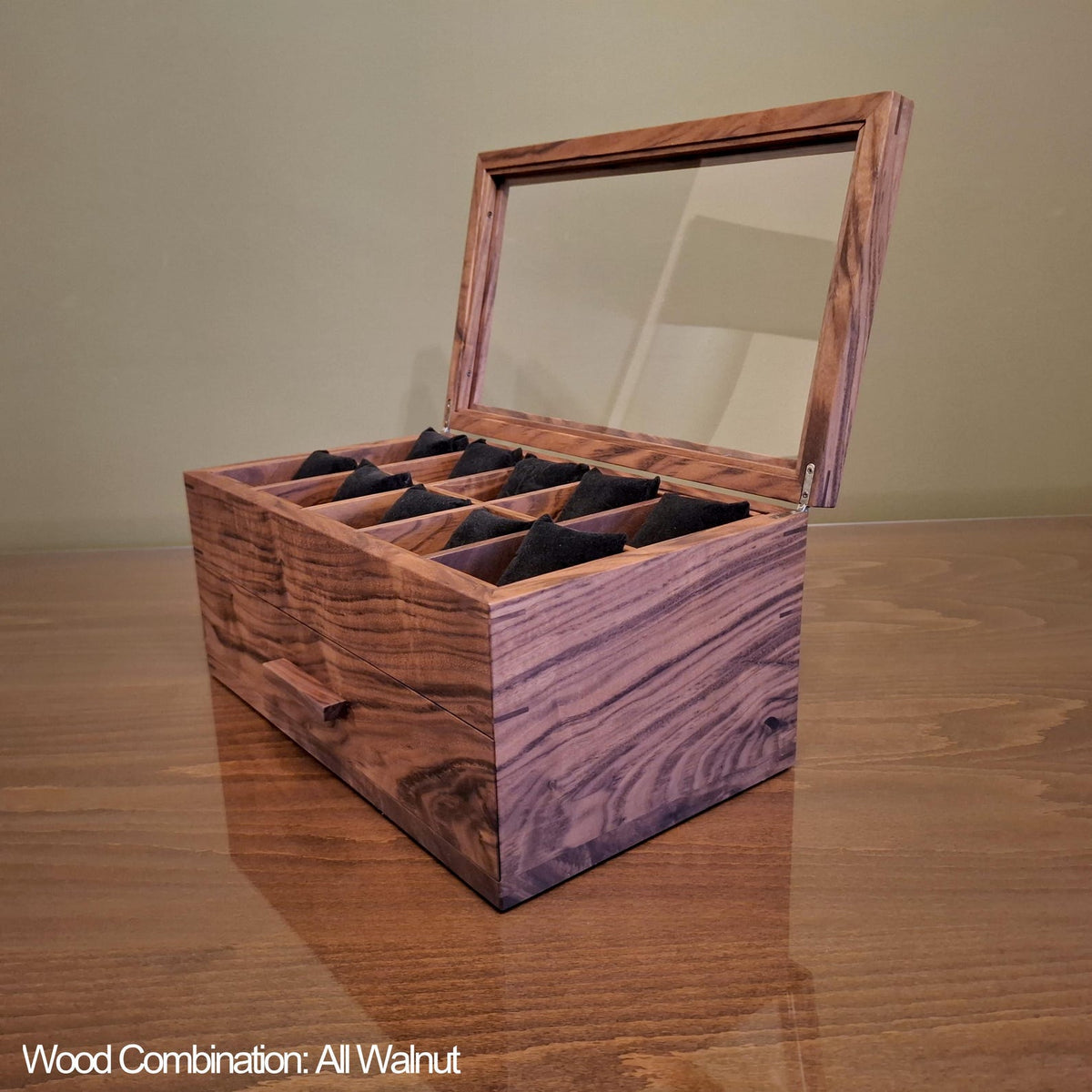 Watch Box with Drawer with 20 pockets-Dark walnut-Handmade