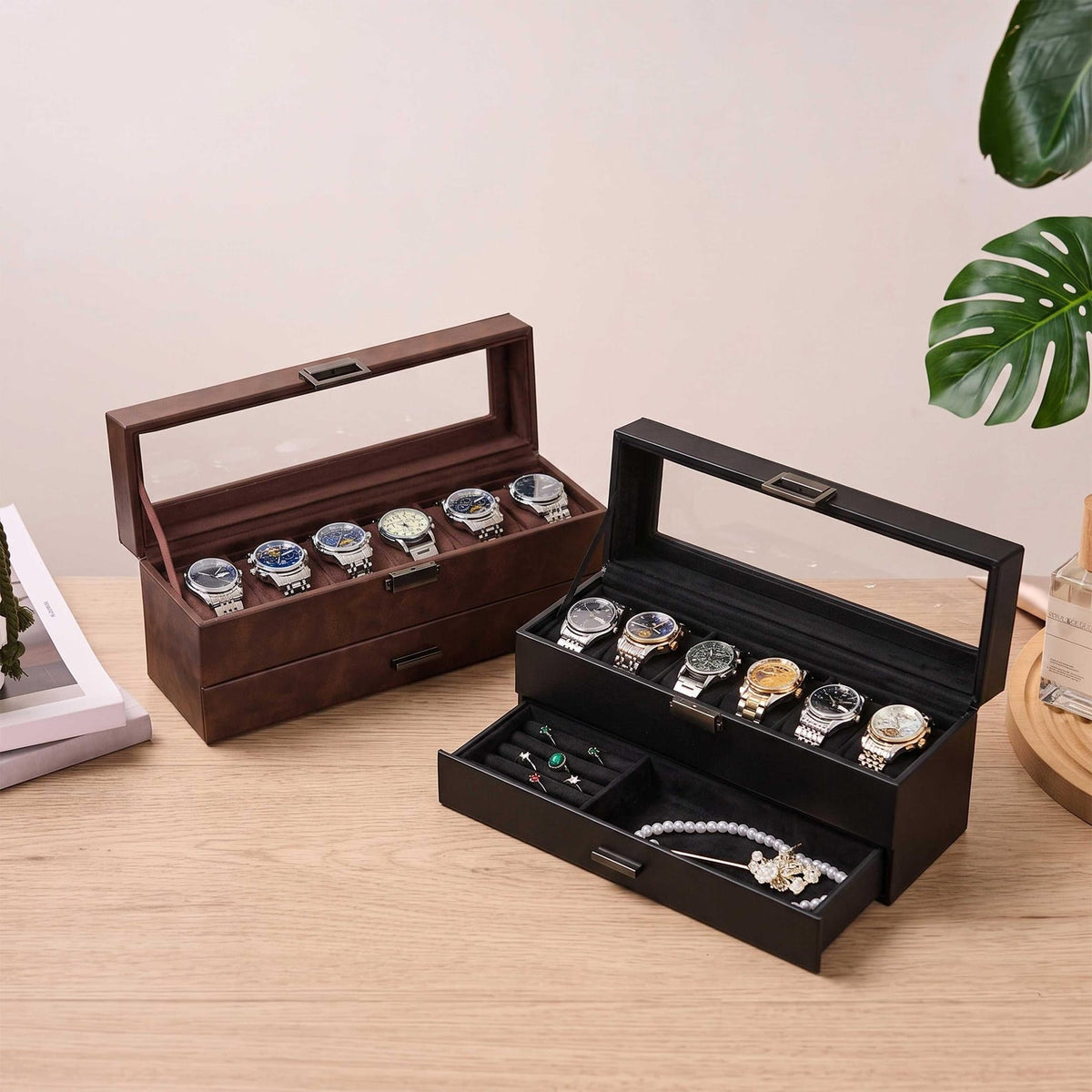 Personalized 6-Slot Watch Box with Jewelry Drawer, Custom PU Leather Watch Case for Men, Engraved Watch & Ring Organizer, Gift for Him, Dad