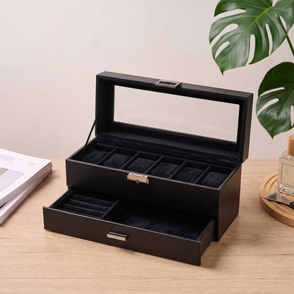 Personalized 6-Slot Watch Box with Jewelry Drawer, Custom PU Leather Watch Case for Men, Engraved Watch & Ring Organizer, Gift for Him, Dad