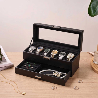 Personalized 6-Slot Watch Box with Jewelry Drawer, Custom PU Leather Watch Case for Men, Engraved Watch & Ring Organizer, Gift for Him, Dad