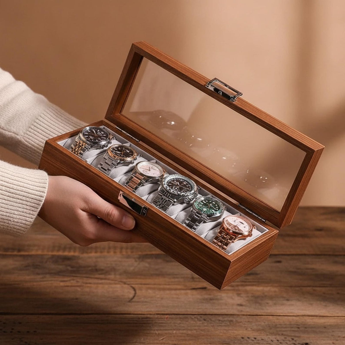 Elegant Wooden Watch Box with Glass Lid Classic Storage Solution for Timepieces and Accessories Gift for Him