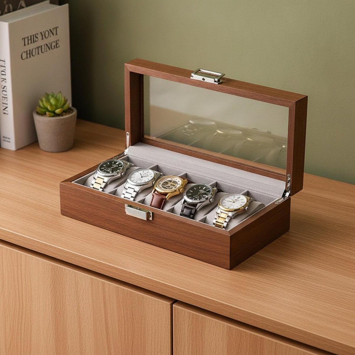 Elegant Wooden Watch Box with Glass Lid Classic Storage Solution for Timepieces and Accessories Gift for Him
