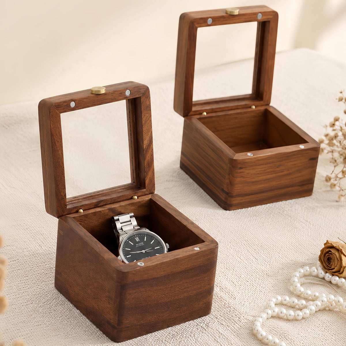 Wooden Watch Box with Glass Lid, Personalized Jewelry Storage Box, Keepsake Box, Watch Case, Gift for Him, Anniversary Gift