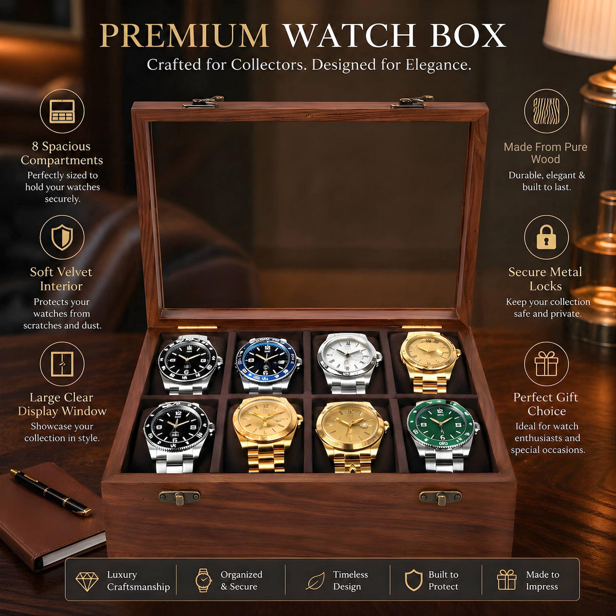 Wooden Watch Organizer Box, Handcrafted Watch Display Case, Multi Slot Watch Storage, Men's Gift, Watch Collector Gift